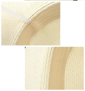 Dettaglio cappello di paglia con trama a spirale, fascia antisudore e cordino elastico