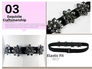 Macro shot of elastic waistband with handcrafted grey rhinestone flower and metal snap buckle