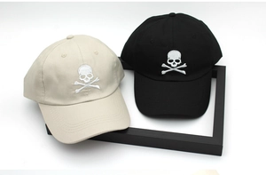 Detail view of skull and crossbones 3D embroidery on cotton twill baseball cap fabric