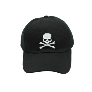 Classic black baseball cap with white skull embroidery in a casual street style
