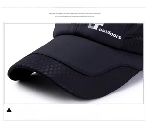 Close-up of black quick-dry outdoor cap featuring honeycomb brim texture and outdoors print