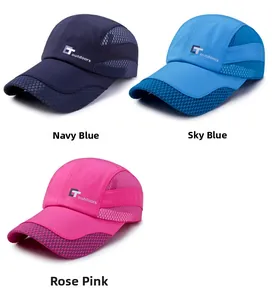Breathable mesh panels of outdoor sports caps in navy, sky blue, and rose red colors