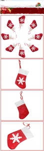 Set of 8 red and white felt Christmas stockings with snowflake patterns and hanging loops