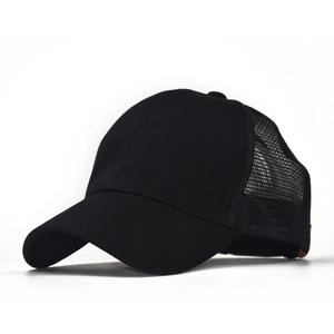 Classic black trucker hat with mesh back and adjustable pony tail hole closure