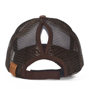 Brown ponytail baseball cap with mesh backing and C.C logo patch on a white background