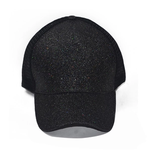 Detail of black sequins and breathable mesh on the back of this fashion trucker hat