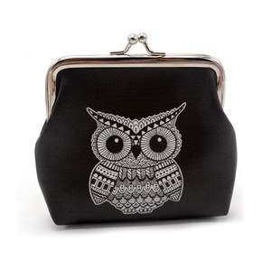 Black PU leather coin purse with white owl print and vintage metal clasp closure