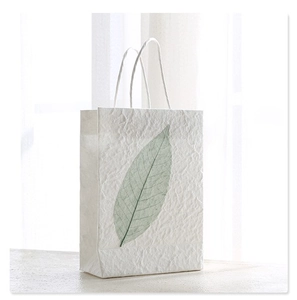 Detail of white textured paper gift bag with paper rope handle and green leaf motif