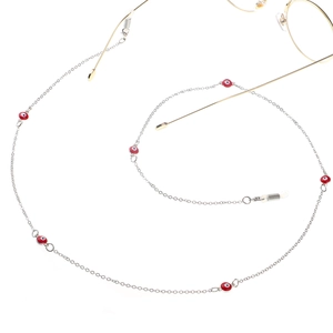 Handmade silver glasses chain with red evil eye beads and clear rubber grips