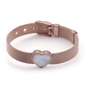 Rose gold heart mesh bracelet watch strap with white inlay on a clean white background