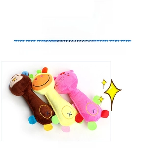 Detailed close-up of plush dog toys in monkey, giraffe, and pig shapes with reinforced stitching