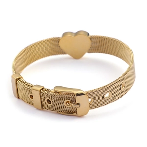 Minimalist gold heart charm mesh bracelet with adjustable buckle on white background