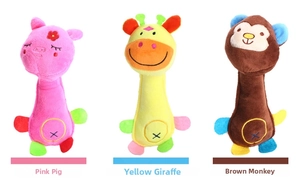Three plush squeaky animal toys including a pink pig, yellow giraffe, and brown monkey