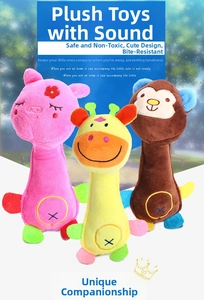 Detailed trio of plush squeaky pet toys featuring pig, giraffe, and monkey designs