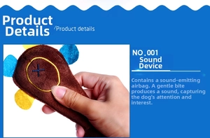 Detail showing hand pressing the brown plush dog toy to activate internal squeaker function