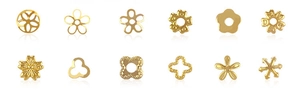 Detailed grid view of 12 gold flower and snowflake alloy nail art studs on white