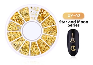 Star and moon gold metal nail art studs in a 12-slot storage wheel case for manicure