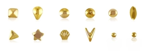Macro shot of gold-plated steel ball studs in 0.8mm and 1.0mm sizes for nail art decoration