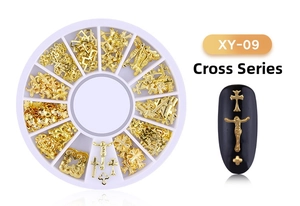 Macro detail of gothic cross gold nail art studs and vintage patterns in a round case