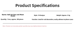 Specifications of star and moon nail art rivets including 14 styles and 200pcs per box