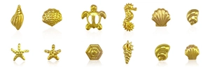 Macro display of golden metal alloy nail art charms in sea shell and starfish shapes