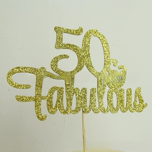 Detailed view of gold glitter 50 & Fabulous cake topper for 50th birthday party decor
