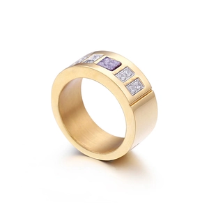 Gold wide band titanium ring featuring square purple stone and white diamond accents