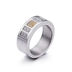 Silver brushed titanium steel wide ring with yellow square stone and white crystals