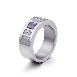 Silver titanium steel wide ring with purple square stone and white side diamonds