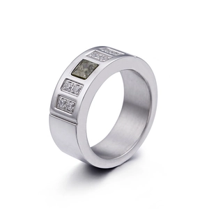 Brushed titanium steel ring for women featuring small white diamonds and dark square stone
