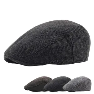 Mens herringbone newsboy cap in dark grey wool blend with classic British ivy style flat top