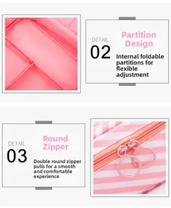 Detail of pink twill makeup bag showing mesh dividers and dual circular zipper rings