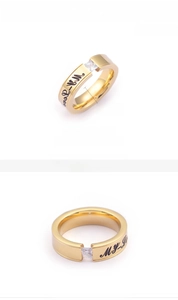 Detailed view of a 6mm 18K gold plated ring with MY LOVE engraving and square zircon