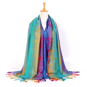 Ethnic retro jacquard scarf with colorful peacock feather patterns and fringed edges
