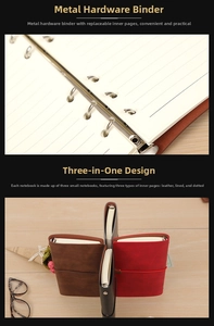 Close-up of metal binder clips and a display of multi-color leather loose-leaf notebooks