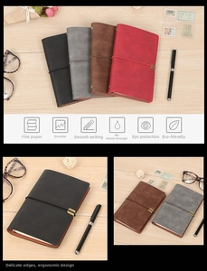 Detailed close-up of retro leather notebooks in four colors with elastic straps and metal clips