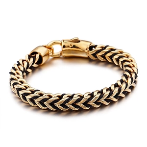 Men Braided Bracelet Stainless Steel And Genuine Leather Gold Black Bicolor Retro Punk Hip Hop Jewelry Accessory