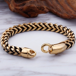 Men's retro black leather braided bracelet with 18K gold plated stainless steel clasp
