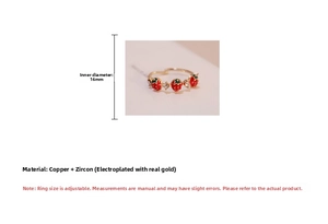 Detailed view of adjustable strawberry ring featuring red enamel and sparkling zircons