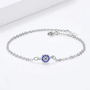 Pulsera de plata S925 con diseño de ojo turco azul y colgante redondo brillante