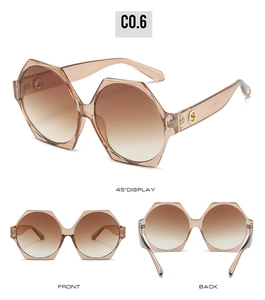 Detailed multi-angle views of brown hexagonal oversized sunglasses with gradient lenses