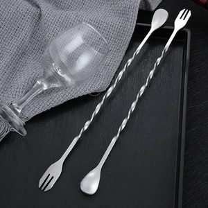 304 stainless steel long handle cocktail spoon and fork set with spiral pattern design