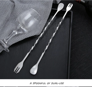 Close-up of 304 stainless steel dual-use cocktail stirring spoons and forks set