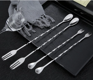 Set of four stainless steel long-handle bar spoons and forks with spiral stems