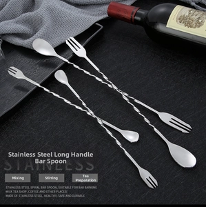 Close-up of long-handle 304 stainless steel bar spoon with spiral design for cocktails