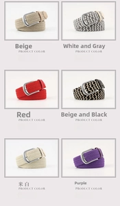 Selection of elastic woven belts in six colors featuring silver metal pin buckles