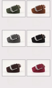 Detailed grid showing six colors of elastic woven belts with polished metal buckles