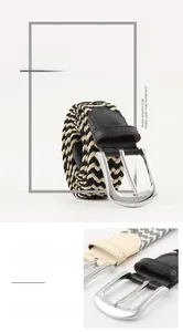 Detail of woven elastic belt showing alloy buckle and textured black white braid