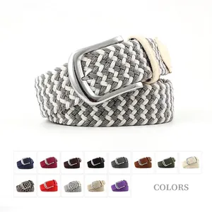 Elastic woven belt with alloy buckle in 13 color options including grey and white