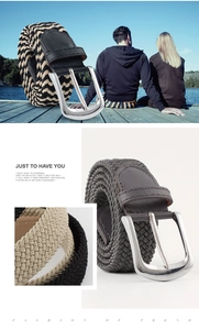 Detail showing elastic braided belt texture with silver metal buckle and various color options